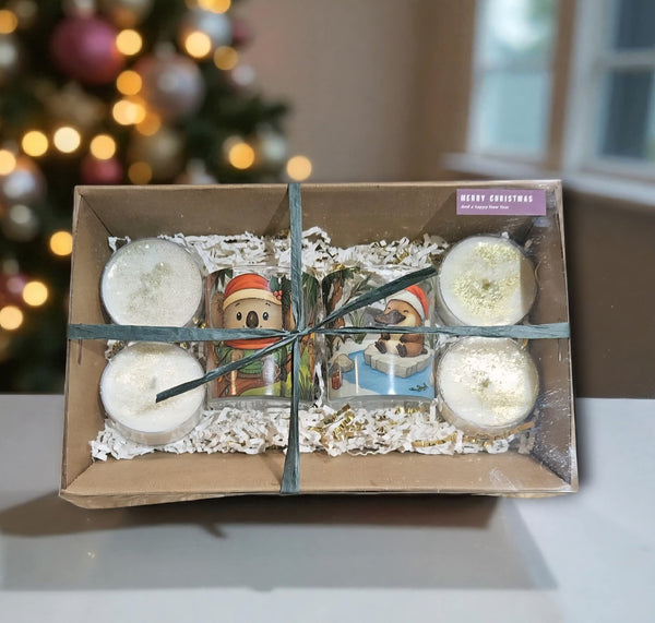 Christmas Hamper - Koala and Platypus Votives and 4 Maxi Tealights