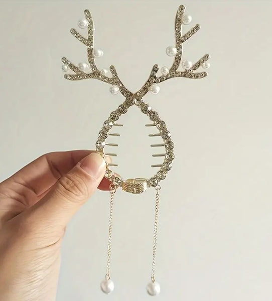 Christmas Reindeer Ponytail Clip with Rhinestones