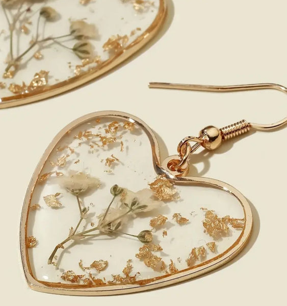 Dried Flower Transparent Love Heart Styled Earrings