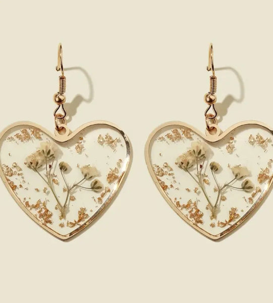 Dried Flower Transparent Love Heart Styled Earrings