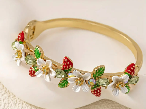 Strawberry and Flower Design Rhinestone Bracelet