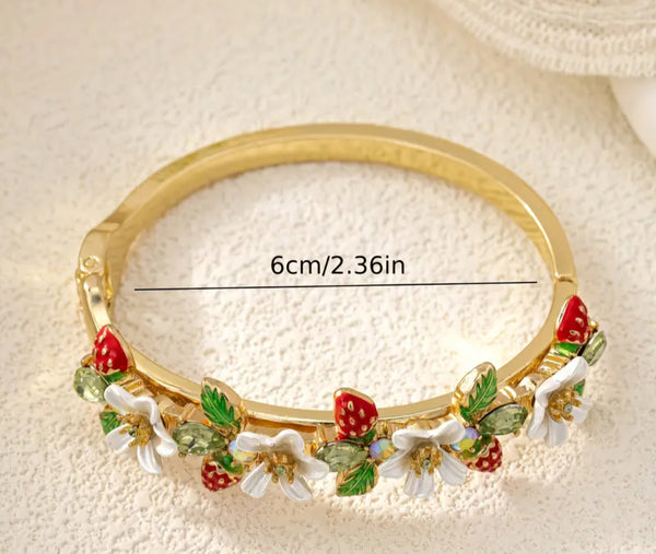 Strawberry and Flower Design Rhinestone Bracelet