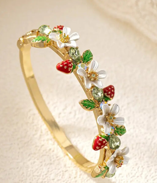 Strawberry and Flower Design Rhinestone Bracelet