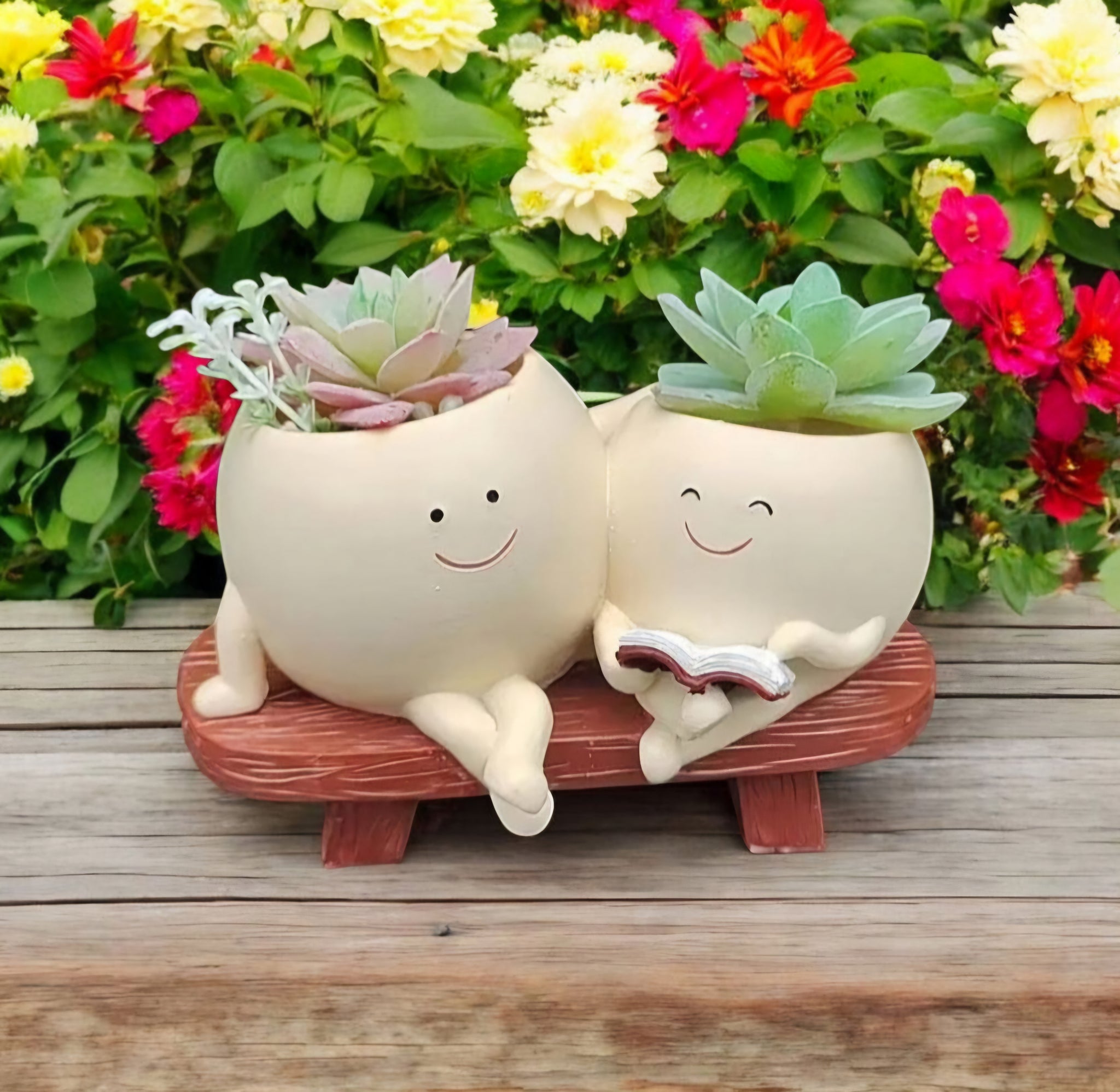 Plant Pot with Pot People sitting together on the bench and reading