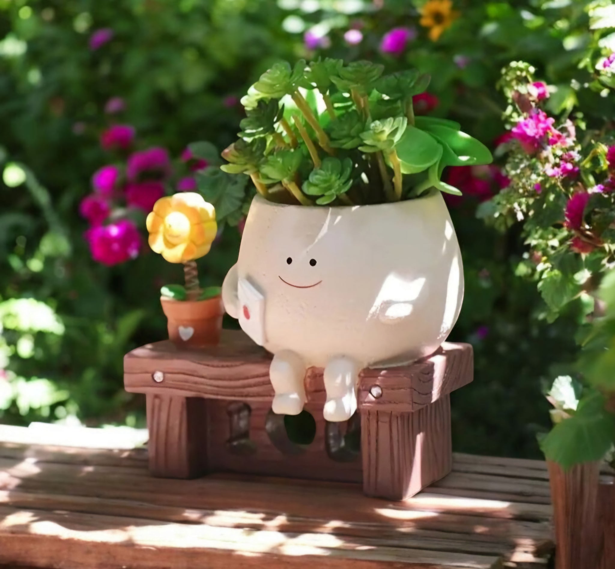Plant Pot with Pot Person sitting on Bench with Sunflower