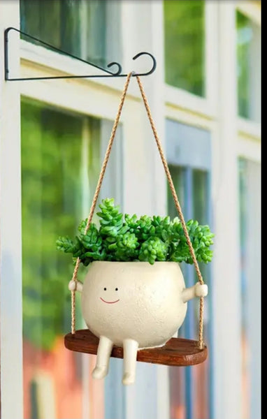 Plant Pot with Pot Person on Swing Hanging Planter