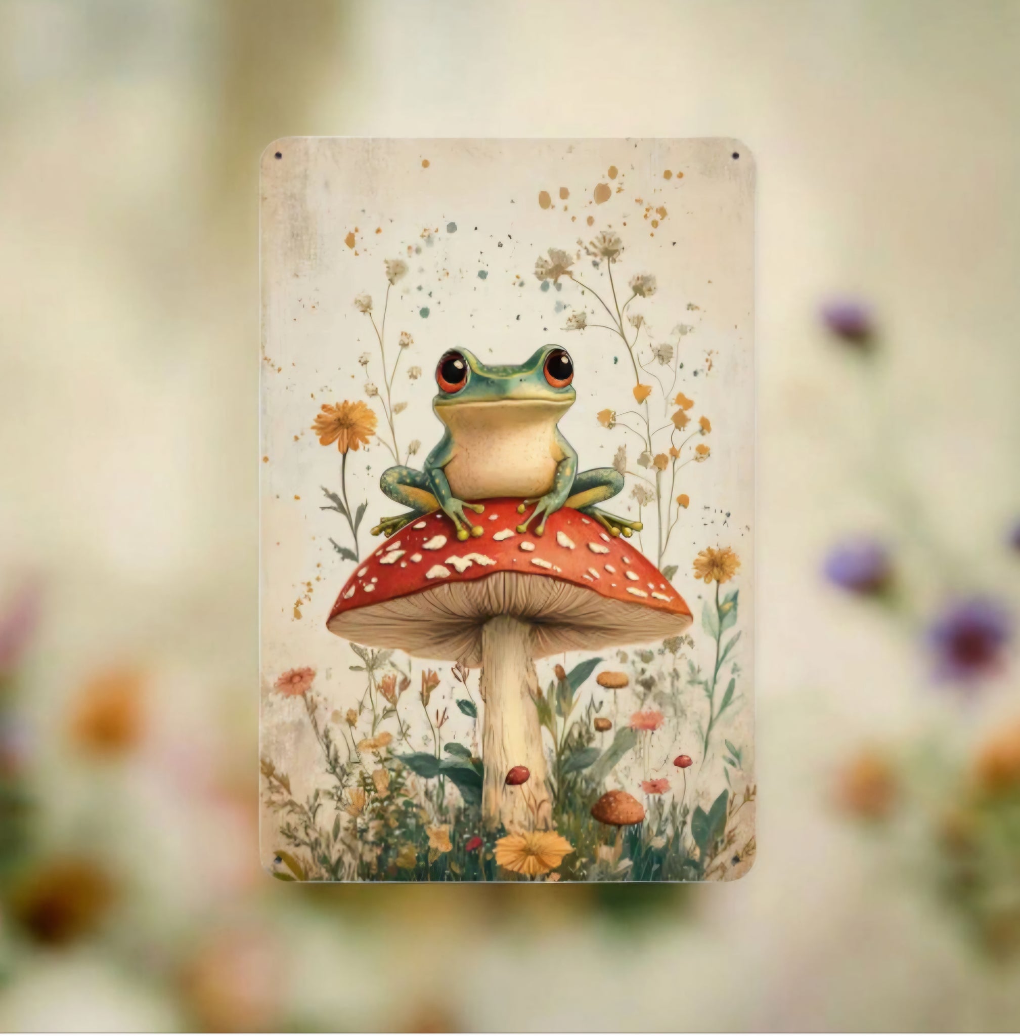 Metal Sign - Frog sitting on a Mushroom and Flowers