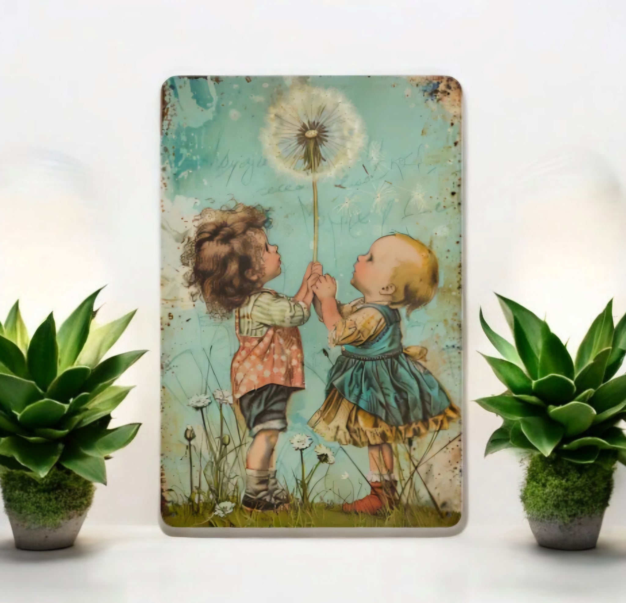 Metal Sign - Two Children Holding a Dandelion