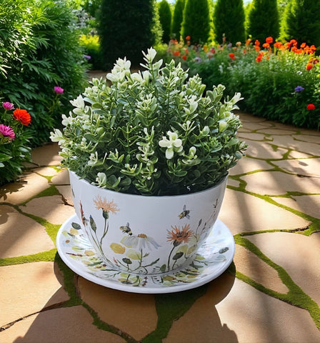 Bee Design Teacup Pot Planter with Matching Saucer