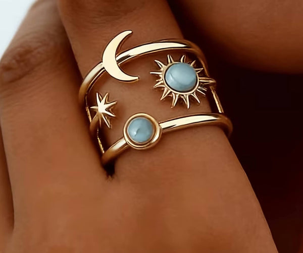 Sun Moon and Star Adjustable Ring